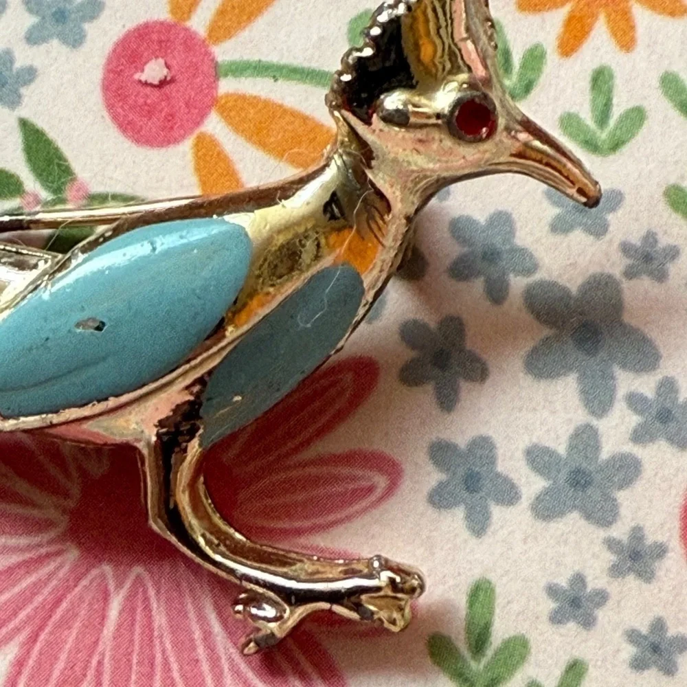 Vintage Blue and Silver Road Runner Bird Brooch Pin
